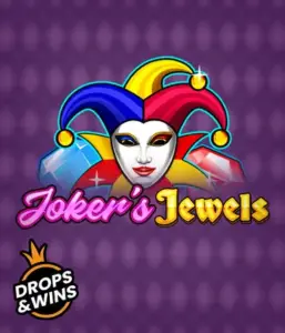 Discover the playful charm of Joker's Jewels slot by Pragmatic Play, featuring a captivating joker's mask decorated with a brightly colored jester hat. This image captures the joyful spirit of casino gaming, set against a deep purple background. Great for casino game enthusiasts, delivering a delightful gaming experience. 