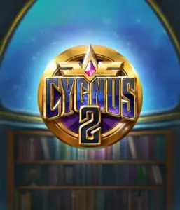 Discover the enchanting graphics of Cygnus 2 Slot by ELK Studios, featuring a stunning emblem with a shining color scheme. Set against a celestial library backdrop, this image captures the essence of adventure and mystery. 